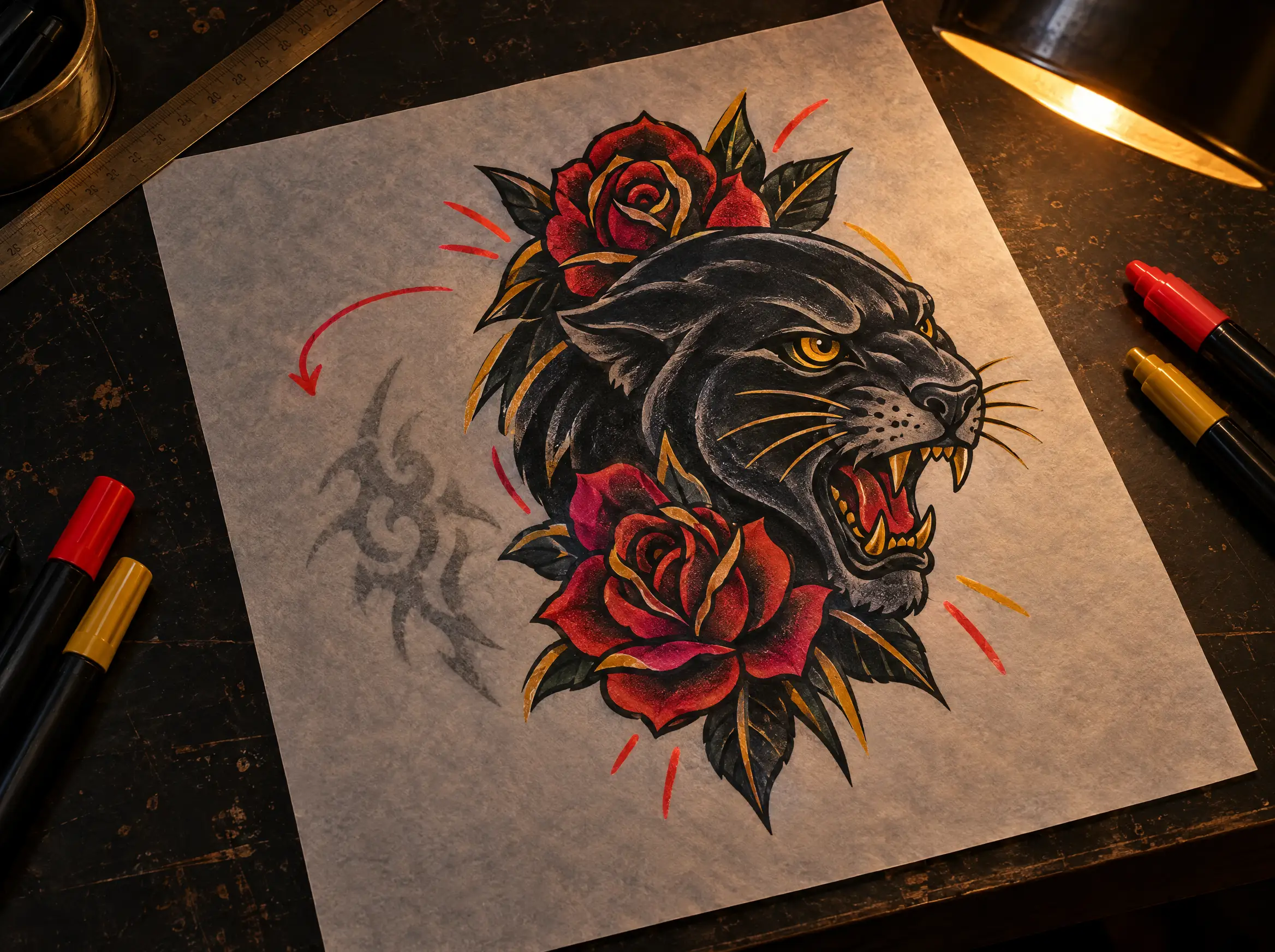 Illustration: a new panther-and-roses design drawn over a faded tribal tattoo on tracing paper