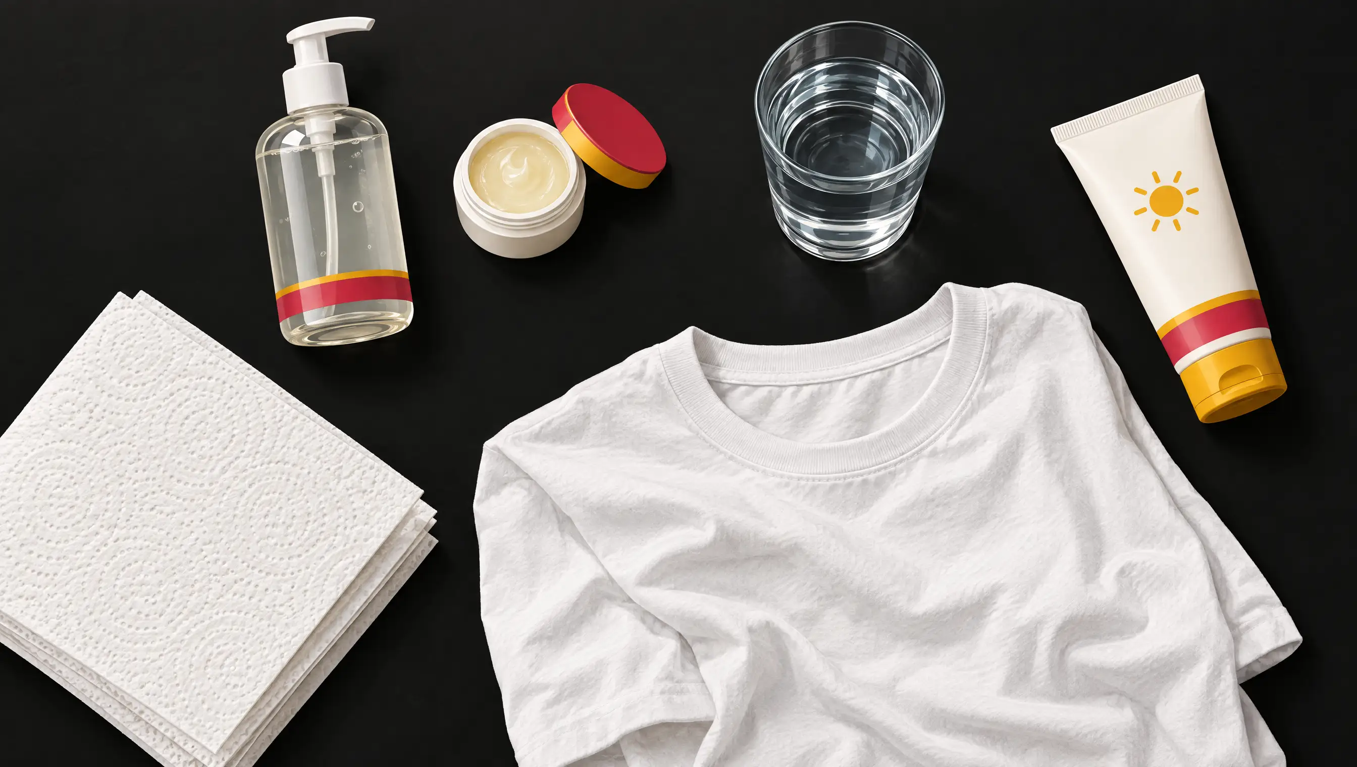 Illustration: aftercare basics: fragrance-free soap, ointment, paper towels, water, sunscreen and a clean shirt