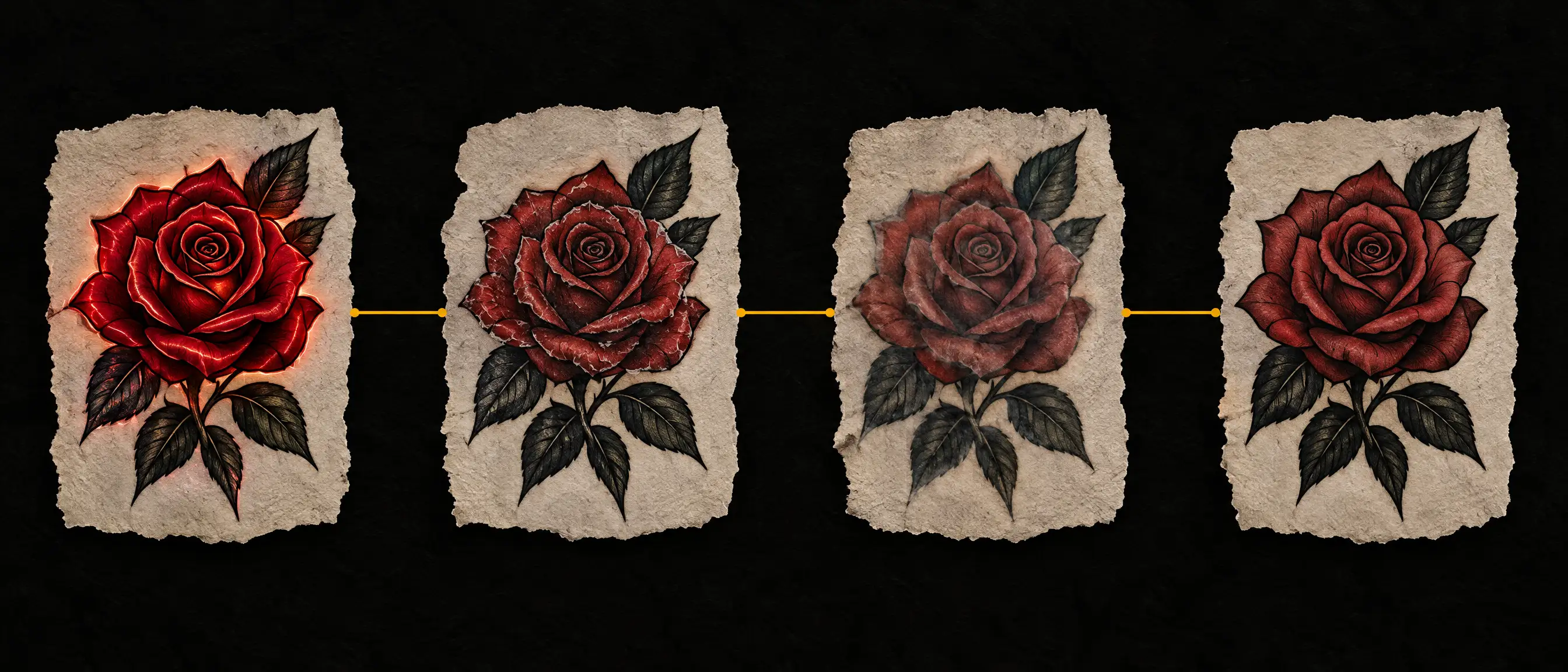 Illustration: four stages of a healing rose tattoo, from fresh to settled