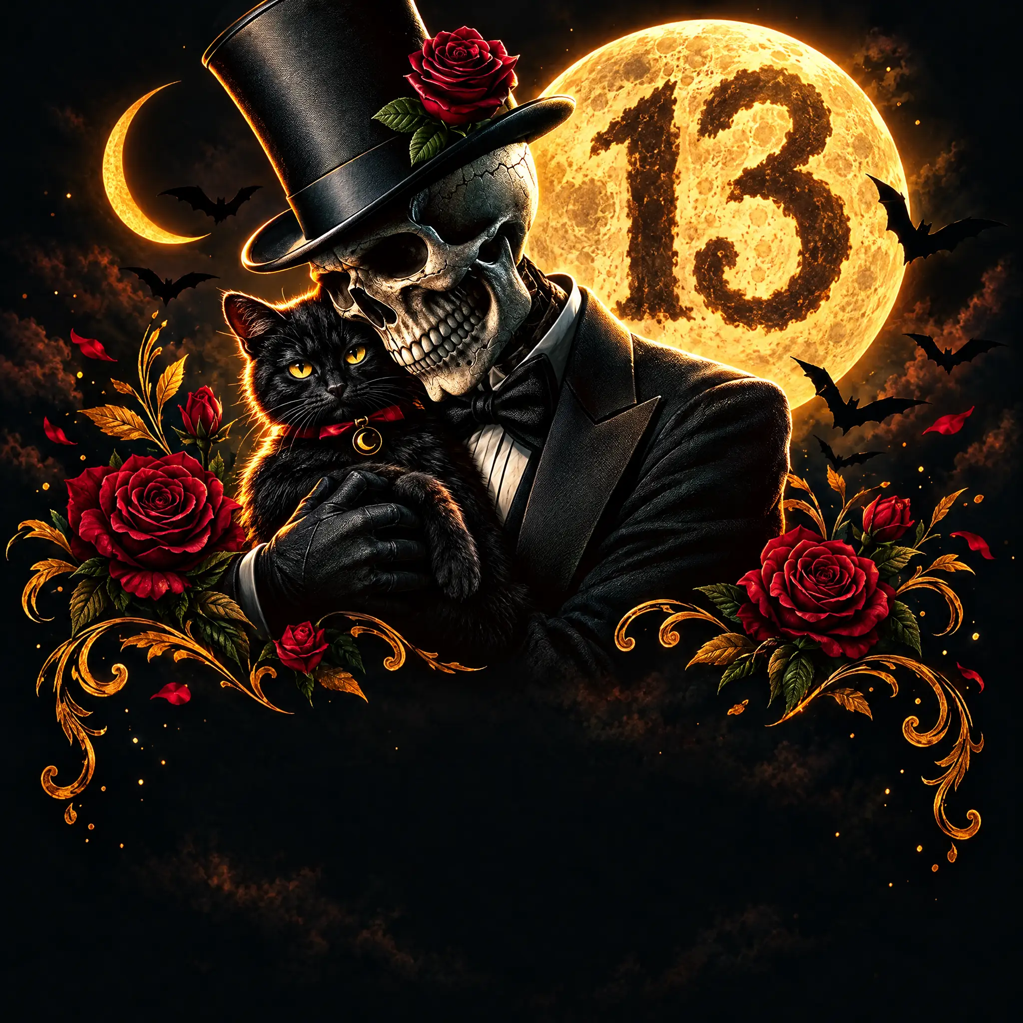 Illustration: a top-hat skeleton holding a black cat in front of a moon marked 13