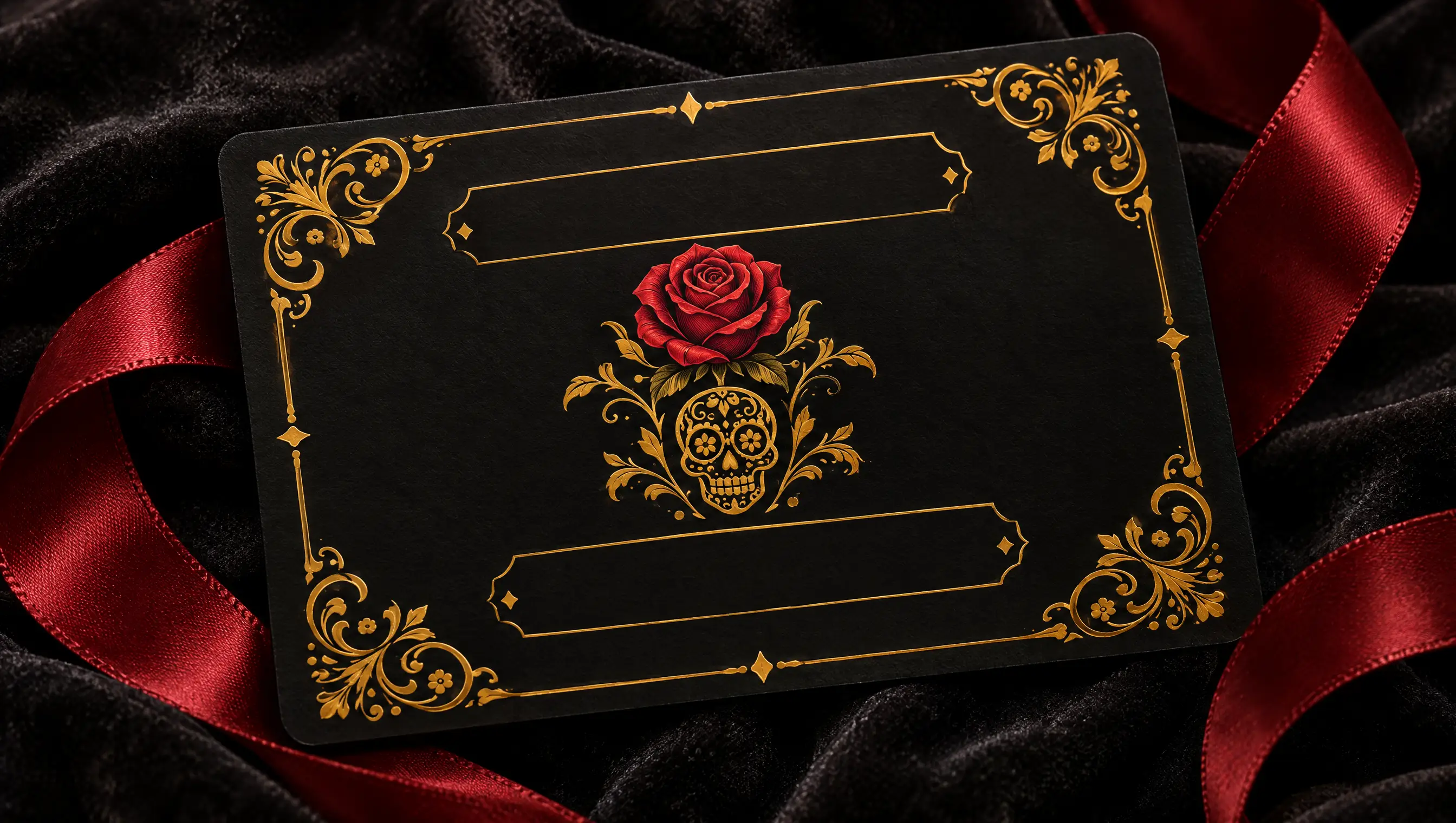 Illustration: a black and gold Till Death gift card with a red rose