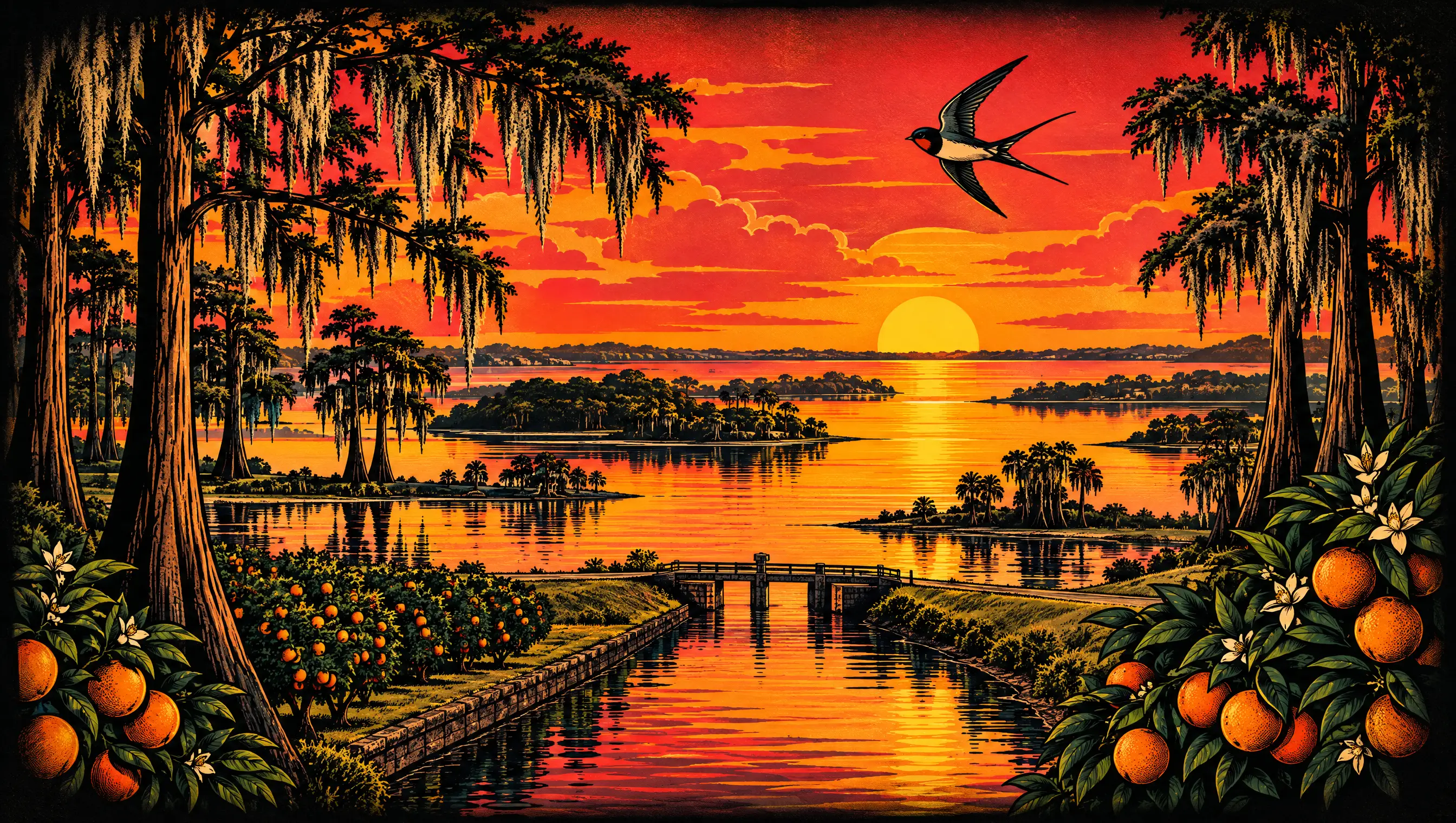 Illustration: Winter Haven's Chain of Lakes at sunset with cypress trees and orange groves
