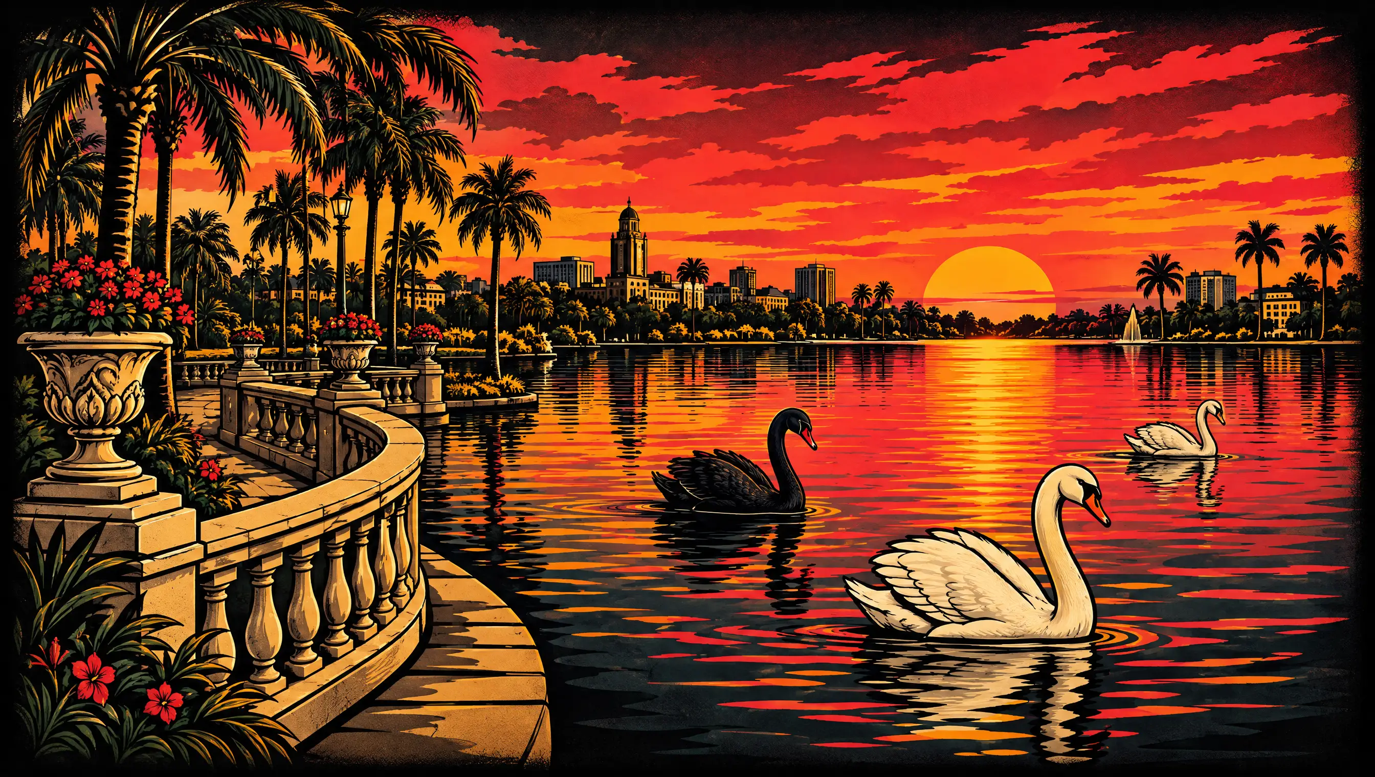 Illustration: a Lakeland lakefront promenade at dusk with swans on the water