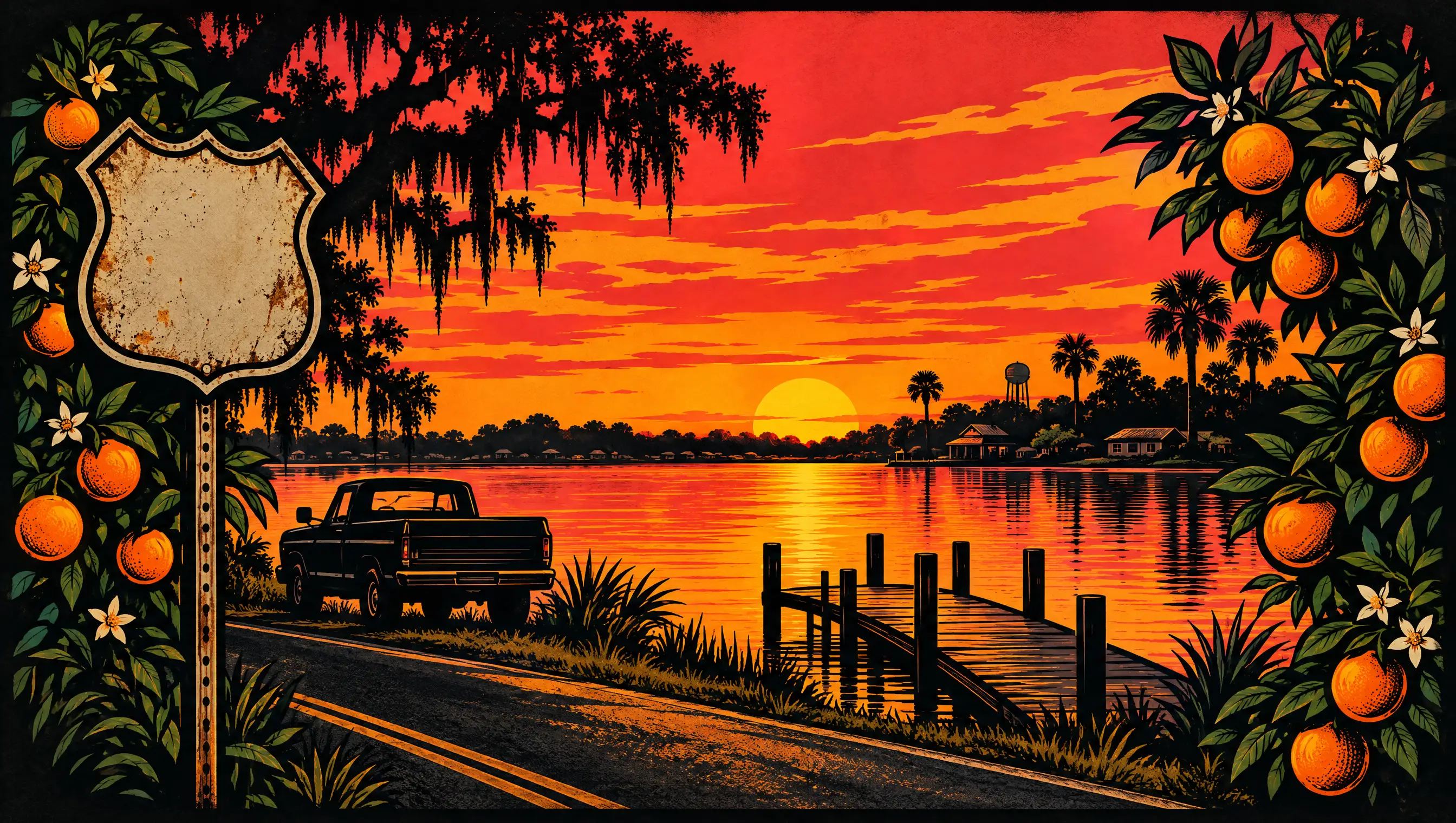 Illustration: a Central Florida lake town at sunset with a dock and orange trees